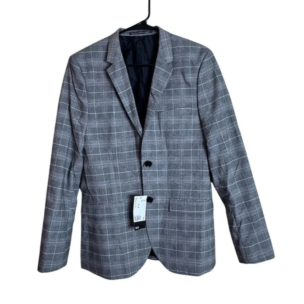 NWT H&M Men's Gray Windowpane Plaid Blazer Sport Coat Skinny Fit Size 36R